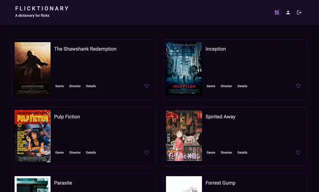 Flicktionary home screen